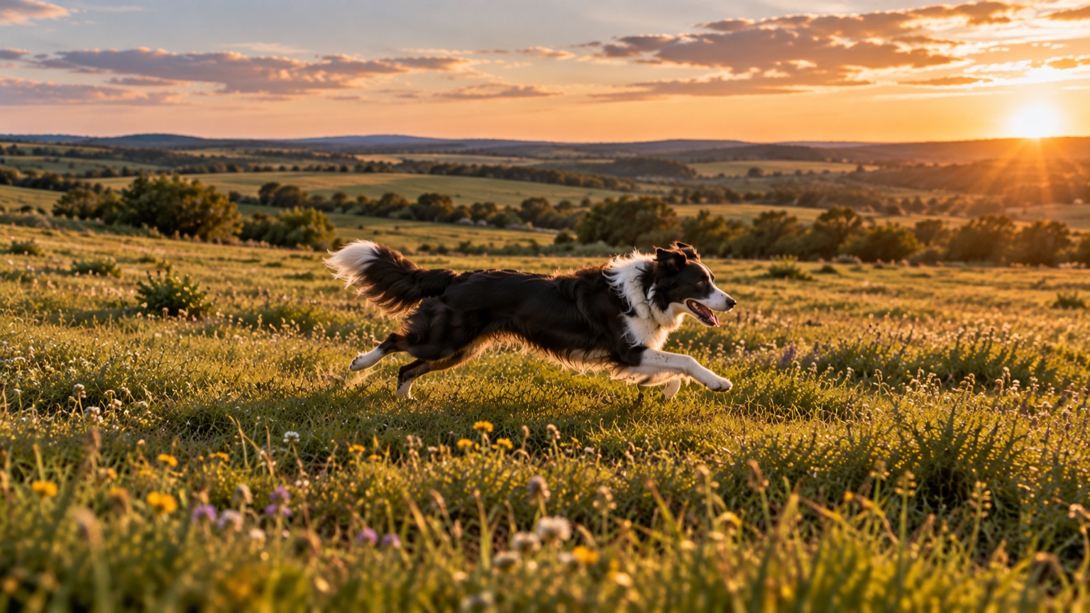 Border collie running across a meadow at sunset