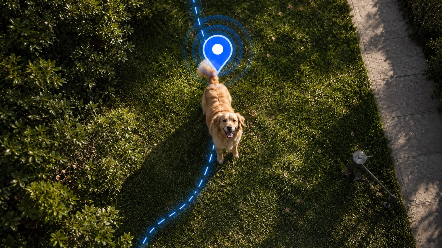 Golden retriever's live location shown on a garden lawn