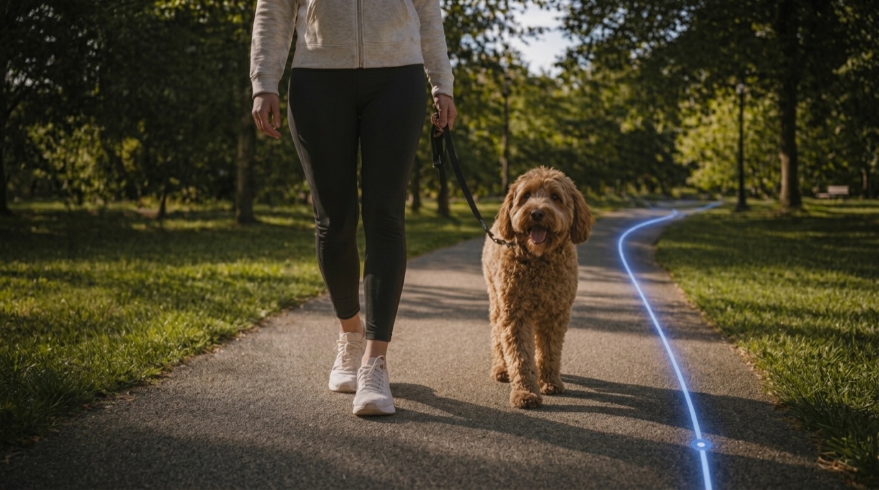 Dog walking beside its owner along a park path