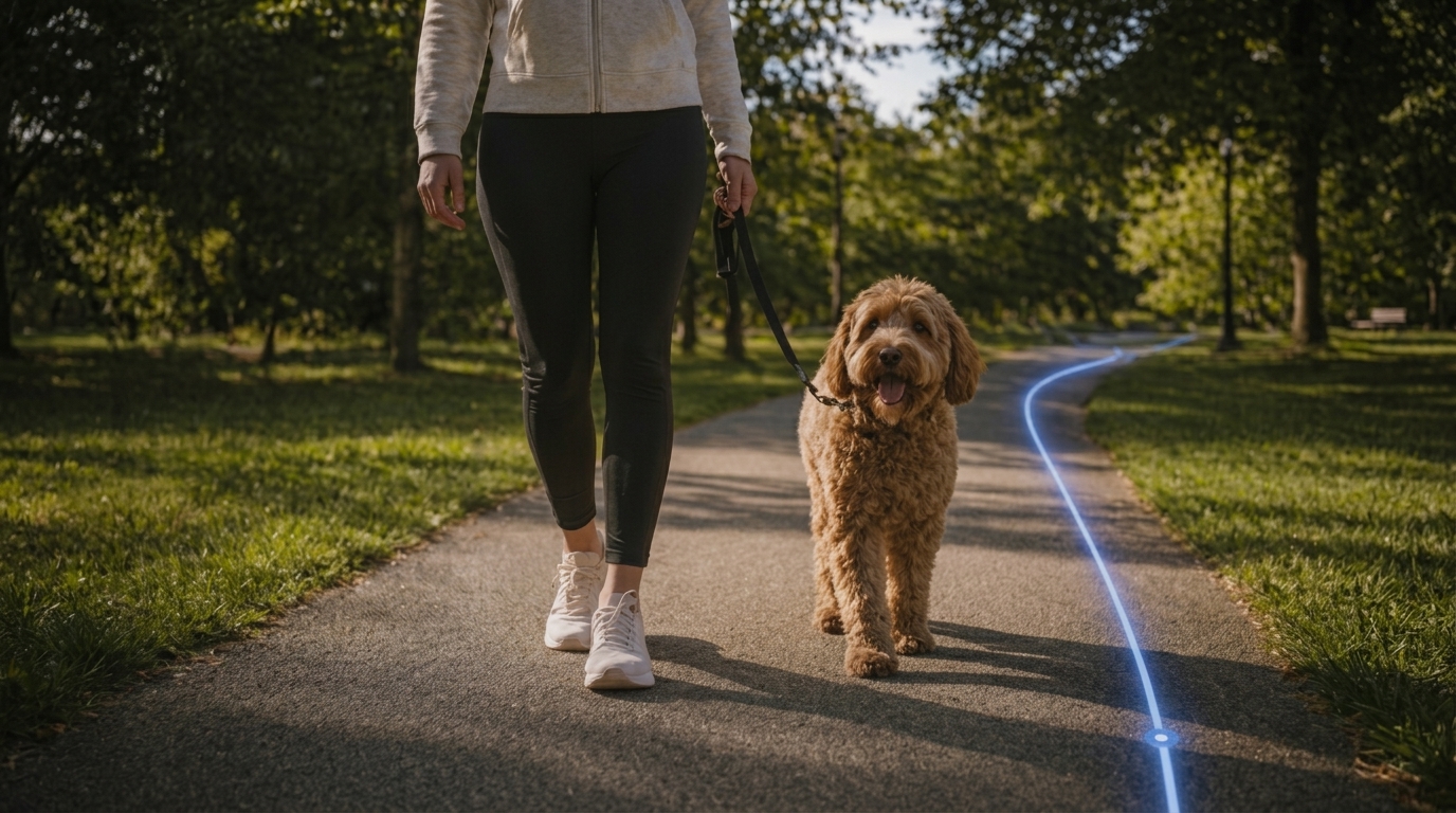 Dog walking beside its owner along a park path