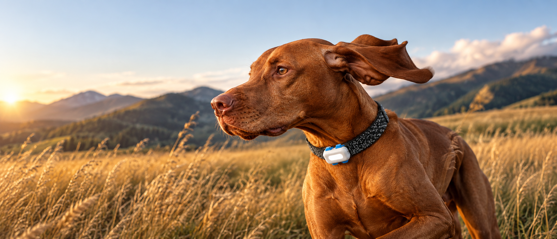 Brown dog wearing a smart collar with a white tracking device