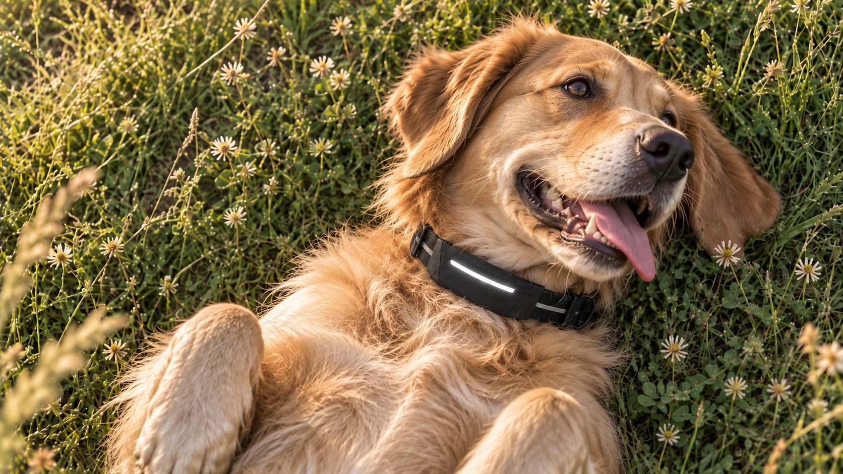 Dog resting in grass while wearing the planned Raddox collar